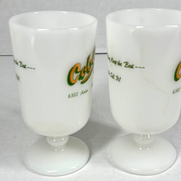 2 VTG MCM Milk Glass Footed Coffee Mugs SET Floral Band Pedestal Cobble Meat TX - Picture 9 of 10